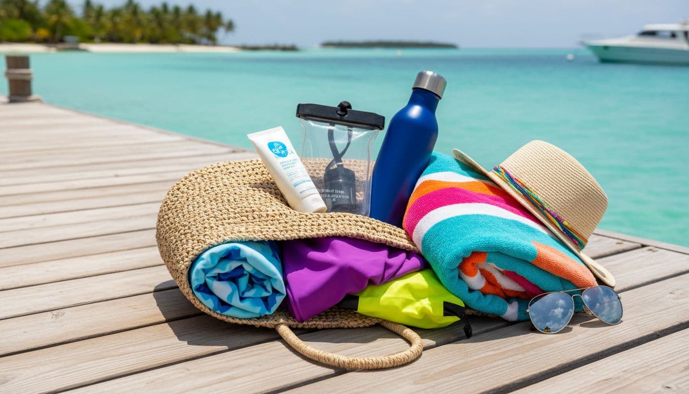 Close-up of an open beach tote bag on a wooden dock, filled with key snorkeling items like swimsuit, rash guard, towel, reef-safe sunscreen, waterproof phone case, water bottle, hat, sunglasses, and dry bag, in a sunny tropical ocean setting.