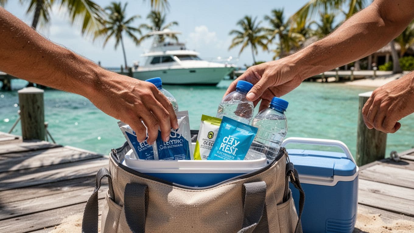 Two hands pack reusable water bottles, electrolyte packets, and cooler into beach bag on sunny Oahu dock with turquoise water and palms.