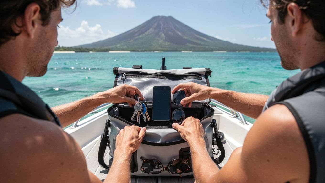 Person from behind placing smartphone, keys, and sunglasses into an open roll-top Oahu dry bag on the deck of a snorkel boat off Waikiki coast, with turquoise water and Diamond Head in the background.