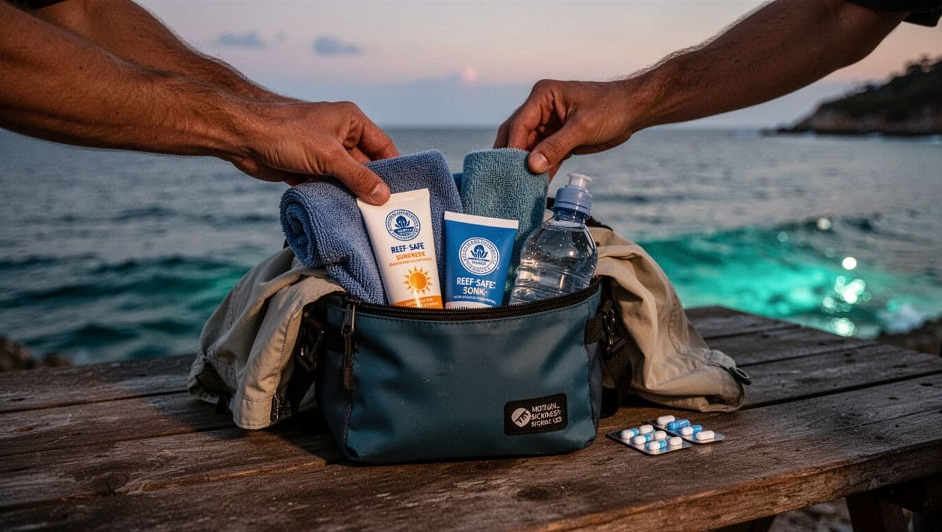 Hand packs towel, sunscreen, jacket, water bottle, and pills into dry bag on wooden table near ocean at dusk.
