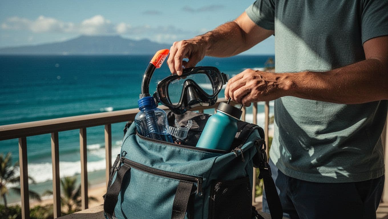A person carefully places a professional snorkeling mask and reusable water bottle into a lightweight day bag. The scene is illuminated by golden sunlight on a balcony overlooking the Pacific Ocean.