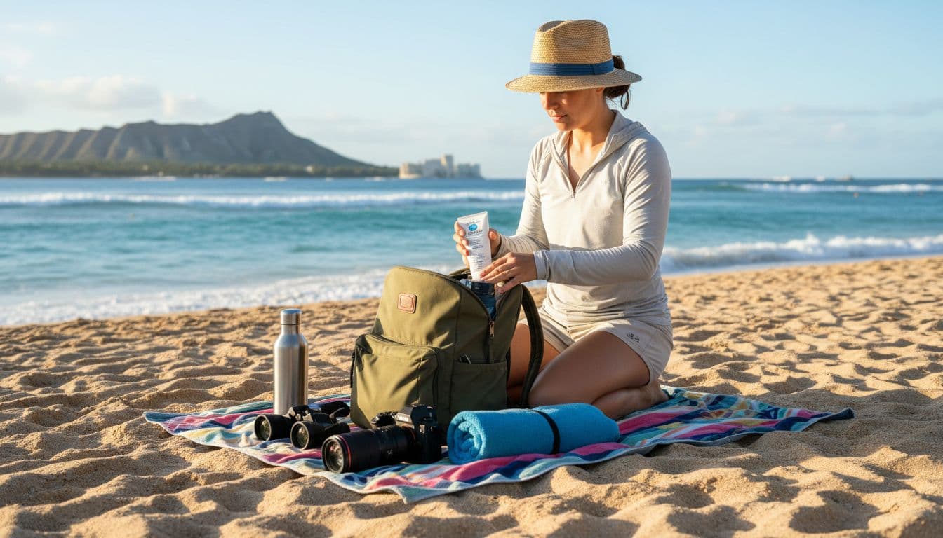 A first-time visitor kneels on Waikiki sand, packing reef-safe sunscreen, binoculars, hat, water bottle, towel, and camera into a backpack on a beach towel under morning sunlight.