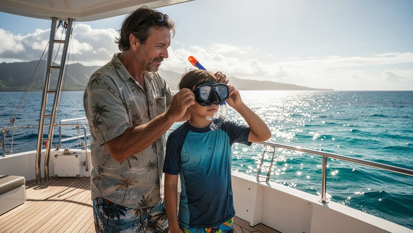 A parent helps a child adjust a snorkel mask on a sunny boat deck.