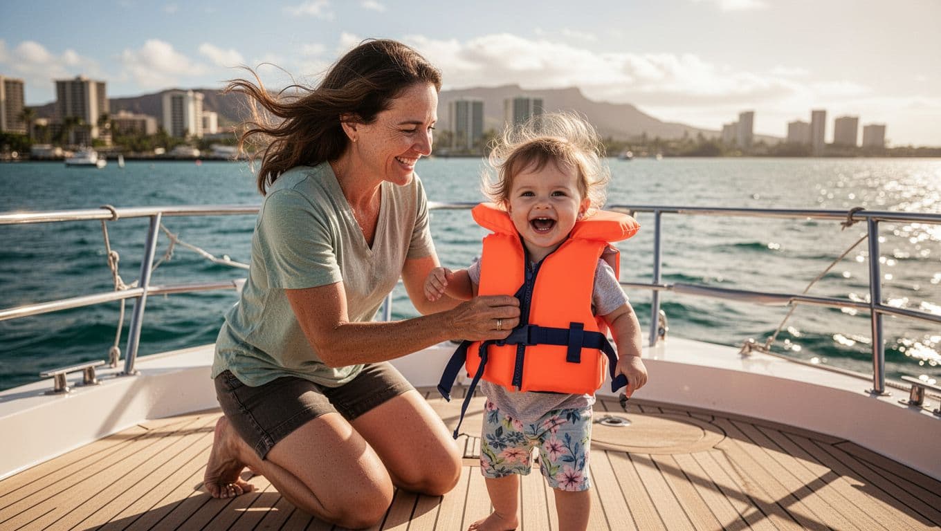 Parent kneels on sunny boat deck helping excited toddler wear bright orange life jacket, ocean and Waikiki skyline behind.