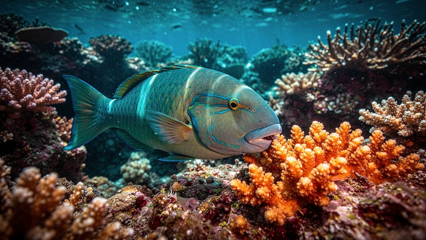A vibrant parrotfish uses its fused, beak-like mouth to scrape algae from the textured surface of a Hawaiian coral reef. Dramatic sunlight illuminates the swirling cyan waters and diverse marine structures.