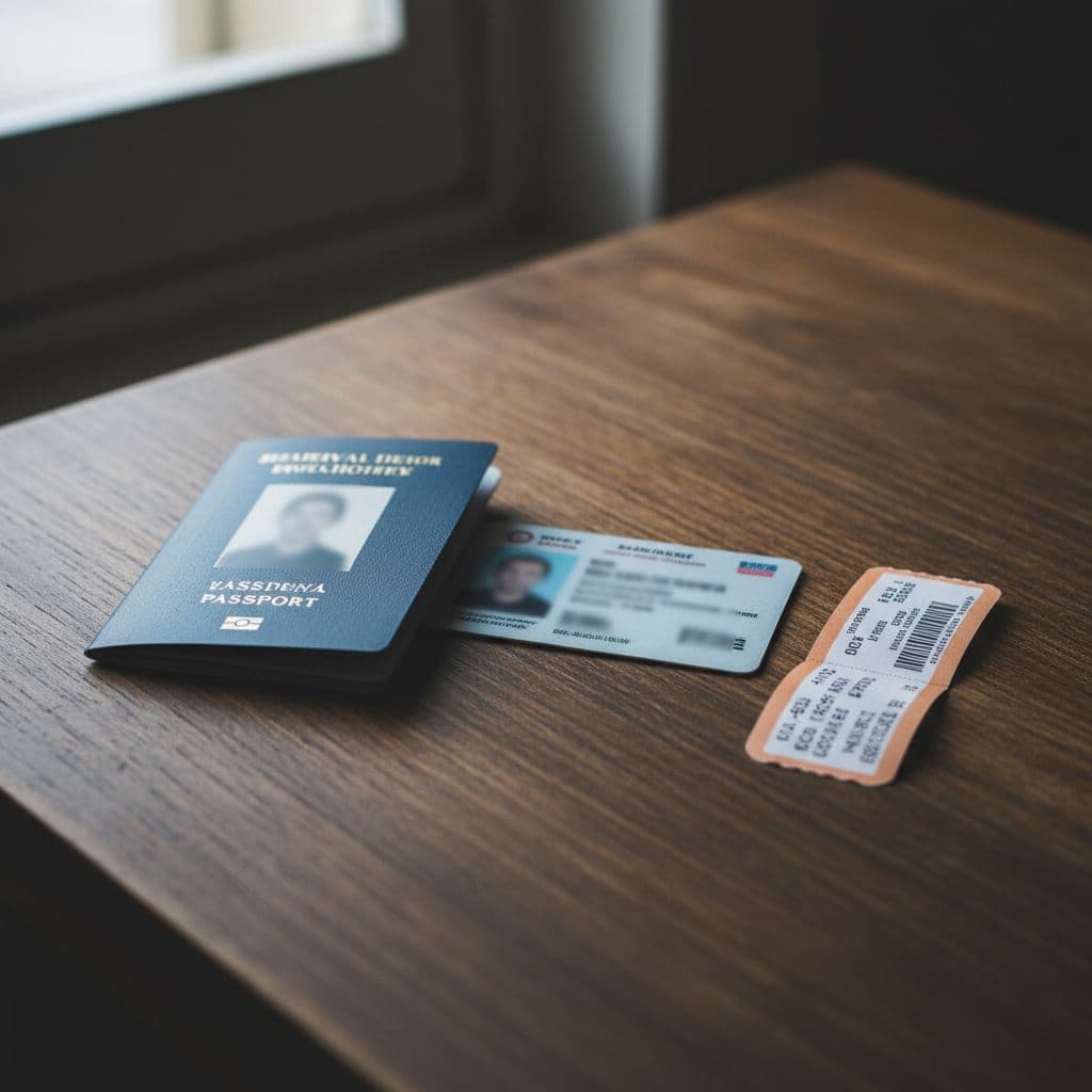 Close-up of a passport and driver's license on a wooden table next to a bus ticket, soft natural light, simple composition, realistic style.