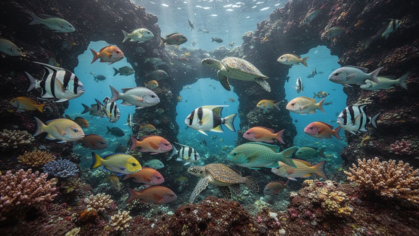 Close-up underwater view of massive schools of colorful reef fish like surgeonfish, parrotfish, and wrasse swirling around dramatic lava rock arches in Pawai Bay, Kona, Big Island, Hawaii, with vibrant coral, clear blue water, sunlight rays, and a distant green sea turtle.