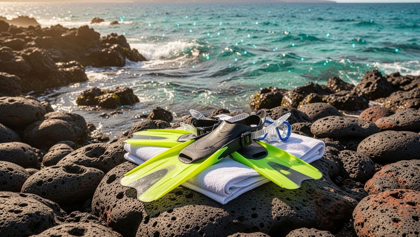 Snorkeling fins placed on a towel over dark lava rocks next to clear turquoise water in Hawaii.