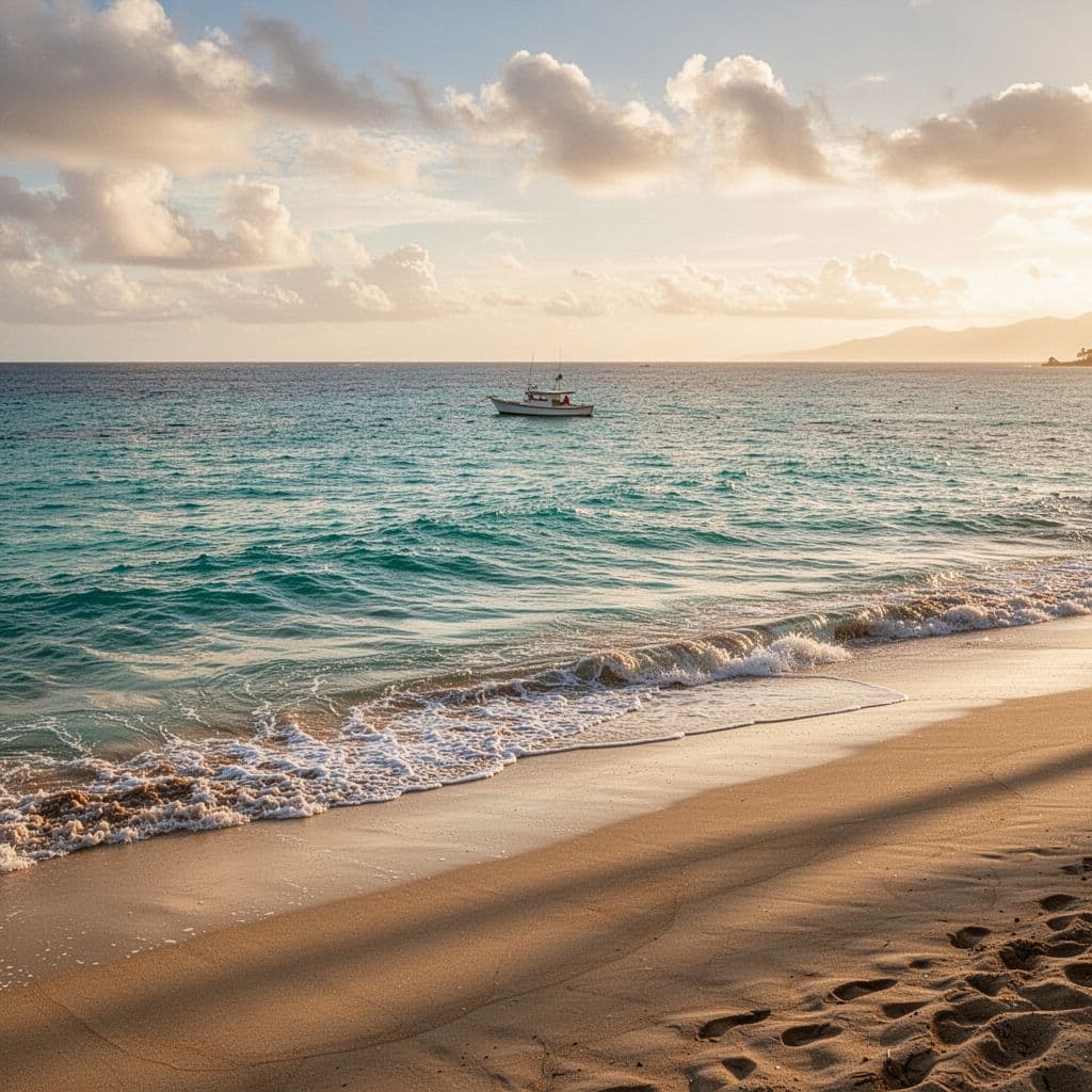 The golden morning sun illuminates a tranquil, empty Waikiki beach with clear turquoise waters.