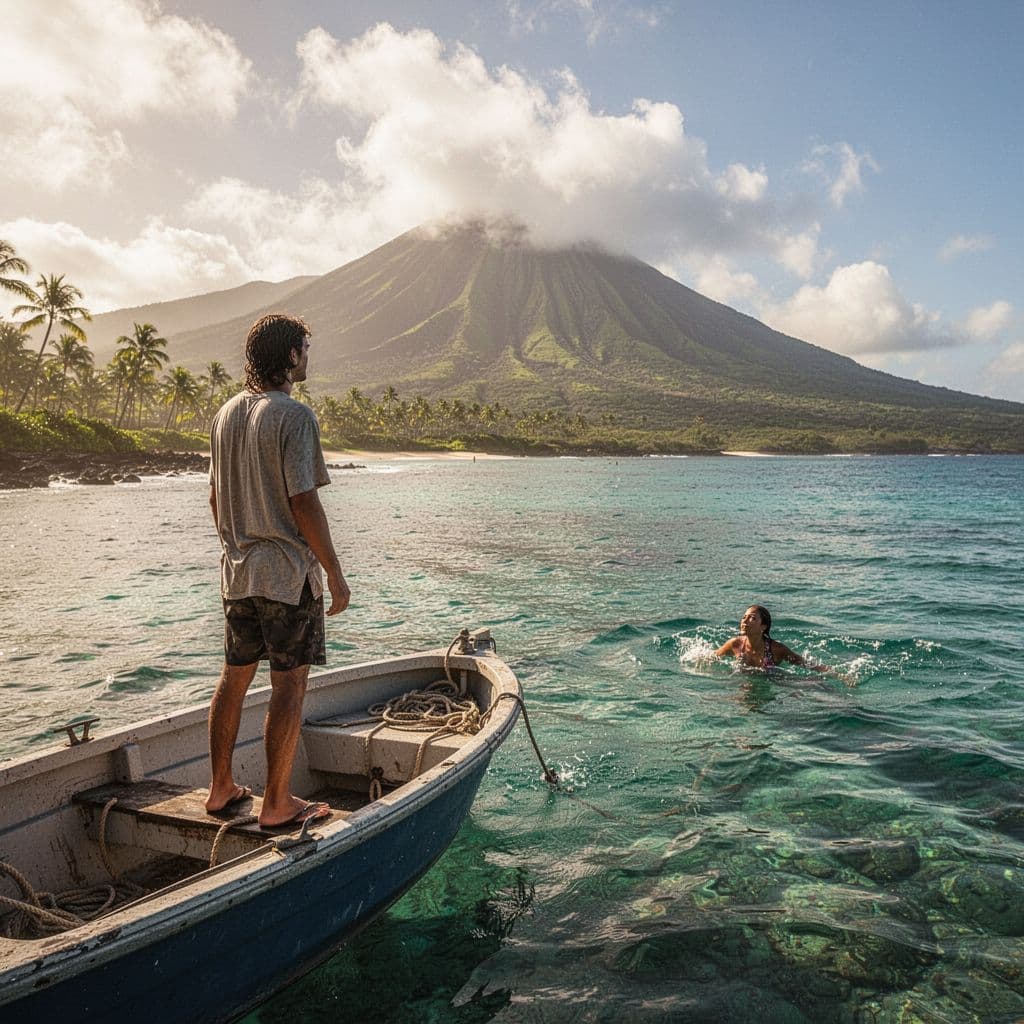 A group on a boat in Hawaii with one person watching the ocean and another swimming.