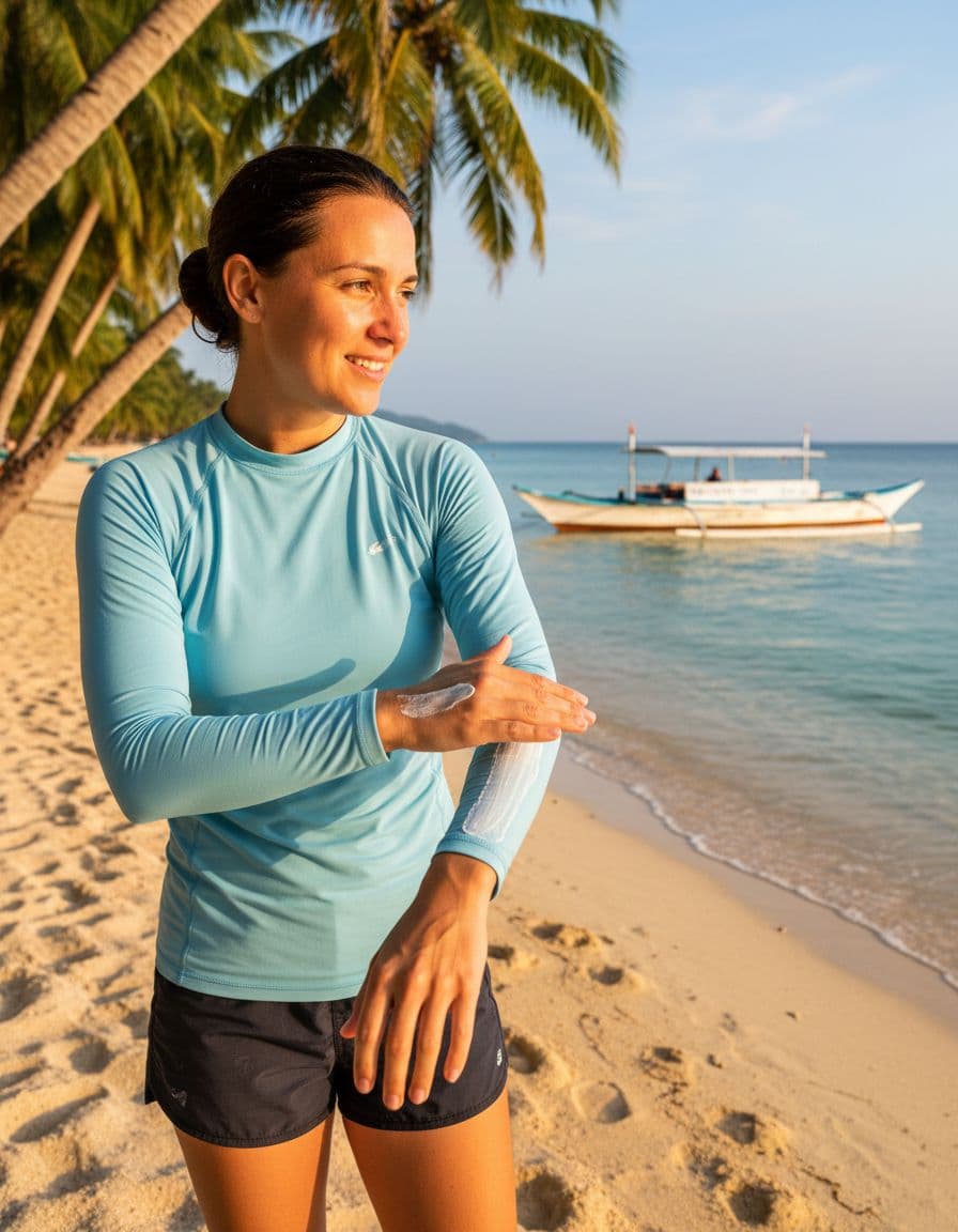 A person applies reef-safe sunscreen to their arms in a beach setting with clear turquoise water and an anchored boat offshore, captured in golden hour light with a relaxed, natural smile. This photorealistic image emphasizes the importance of sun and skin protection before snorkeling.