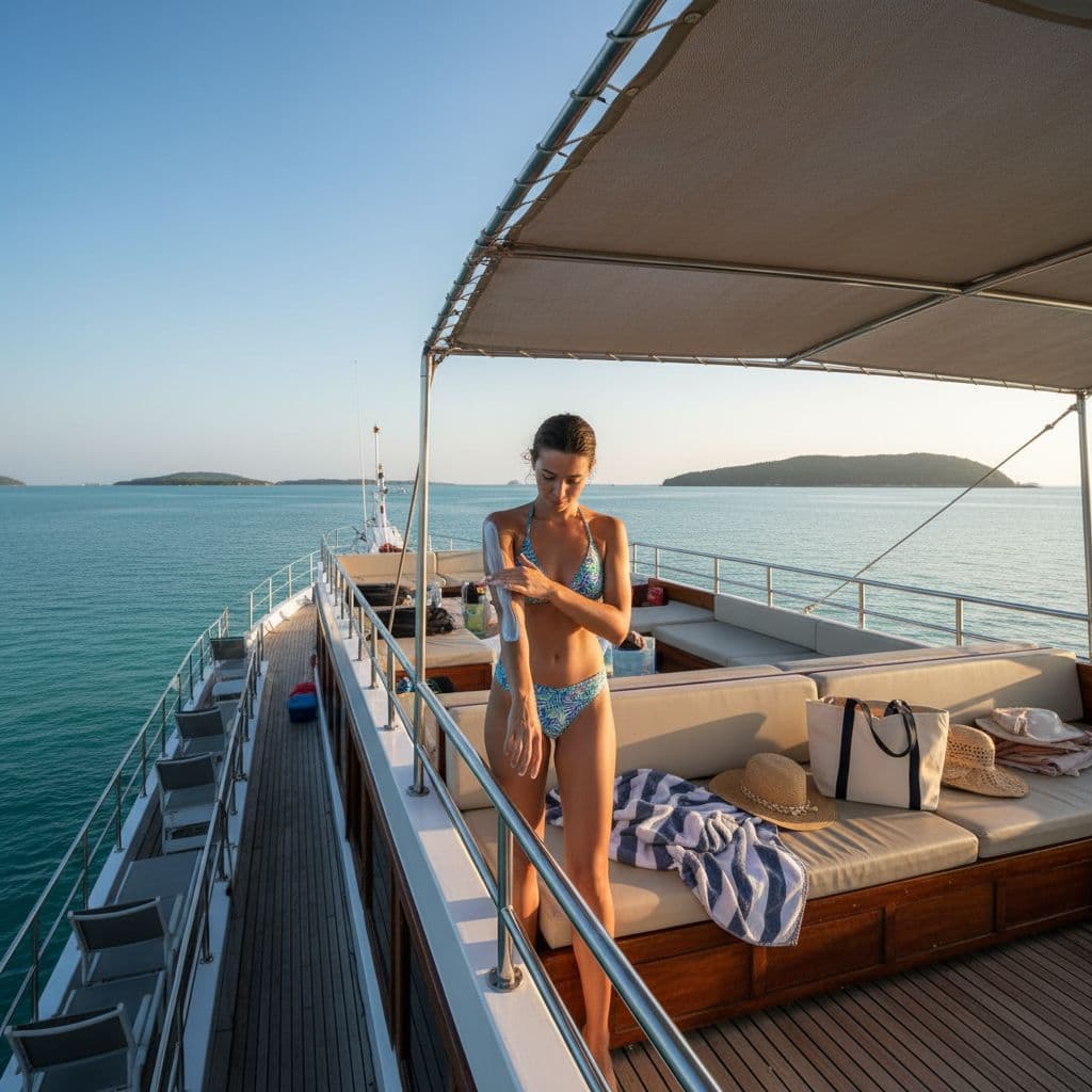 A person applies sunscreen on the deck of a stable double-decker boat prior to a sunset cruise, in a shaded seating area with towels and hats nearby, overlooking a calm ocean in bright daylight.