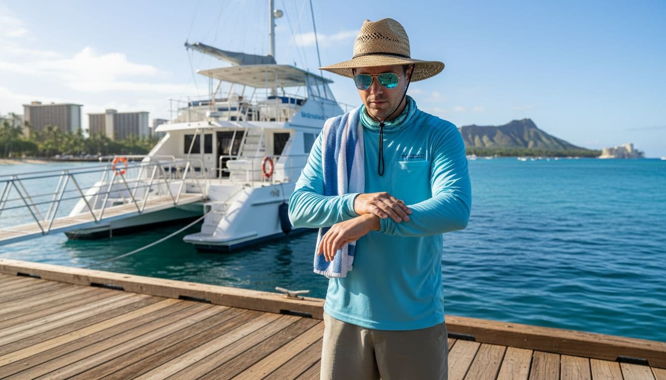 A person applies sunscreen to their arms while preparing to board a boat at Kewalo Basin Harbor in Waikiki, with beach and ocean in the sunny morning background. Wearing hat, sunglasses, light shirt, quick-dry shorts, and towel over shoulder.