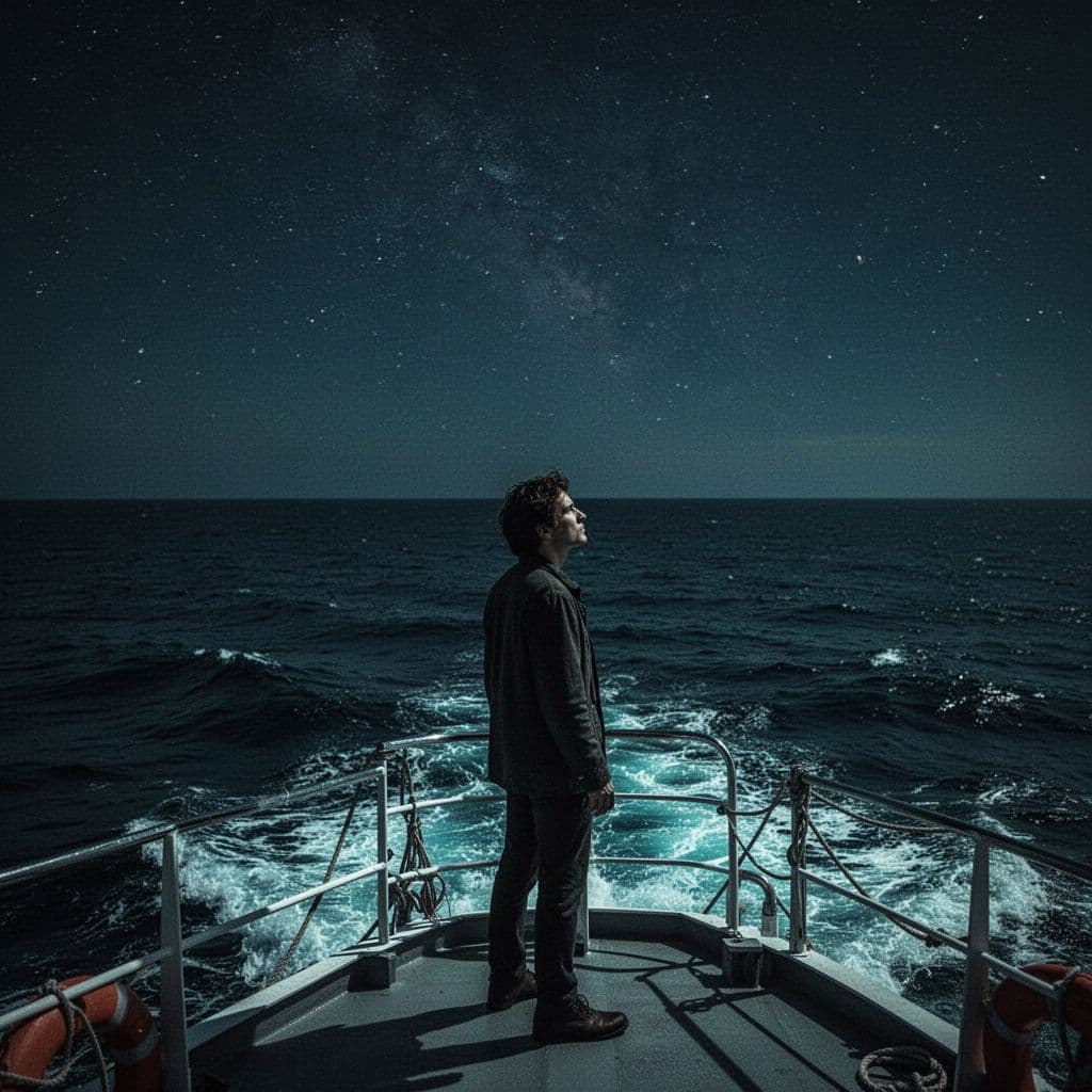 A solitary figure stands on a wooden deck, gazing out toward the vast, dark ocean under the night sky. Dramatic lighting highlights their silhouette, emphasizing a hesitant mood during the journey.