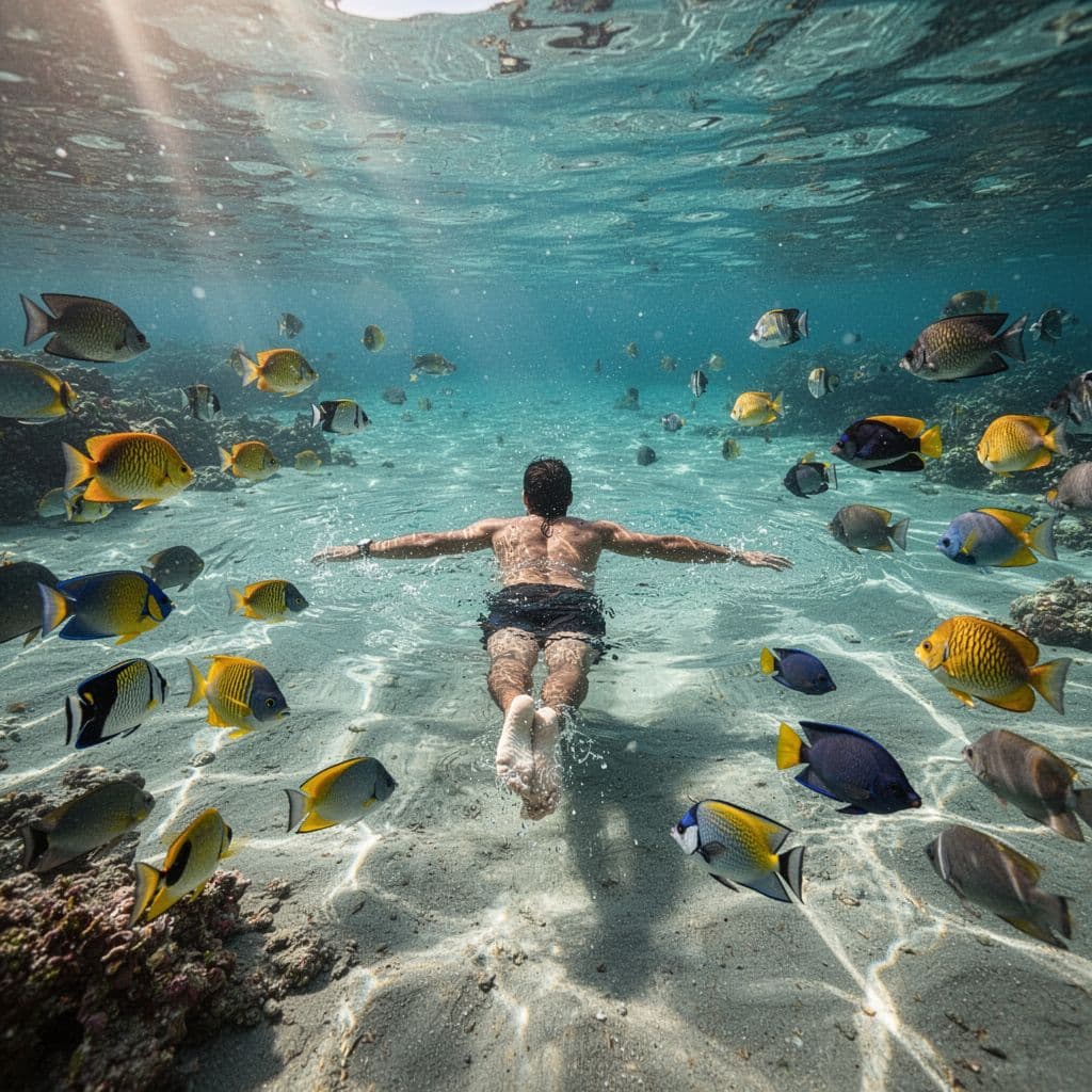 Person floats in clear blue Hawaiian waters with colorful fish nearby.