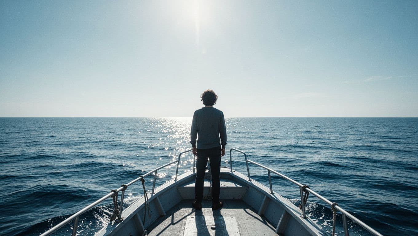 A person stands on a boat deck looking out toward the vast ocean horizon under a bright sky.