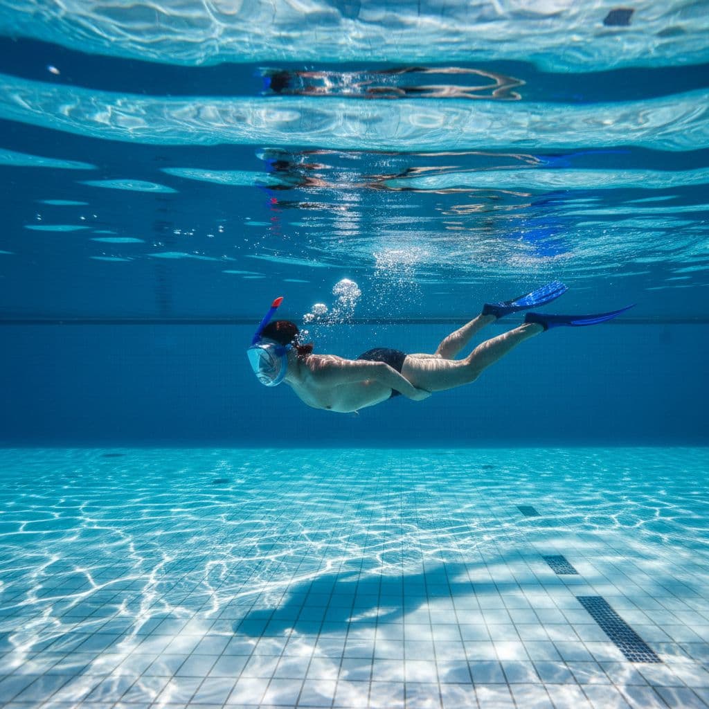 A person wears a snorkel mask and fins while swimming underwater in a clear blue pool.
