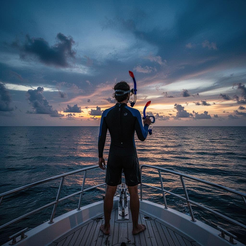 A person stands on a boat deck holding a snorkel mask against a vibrant sunset sky.