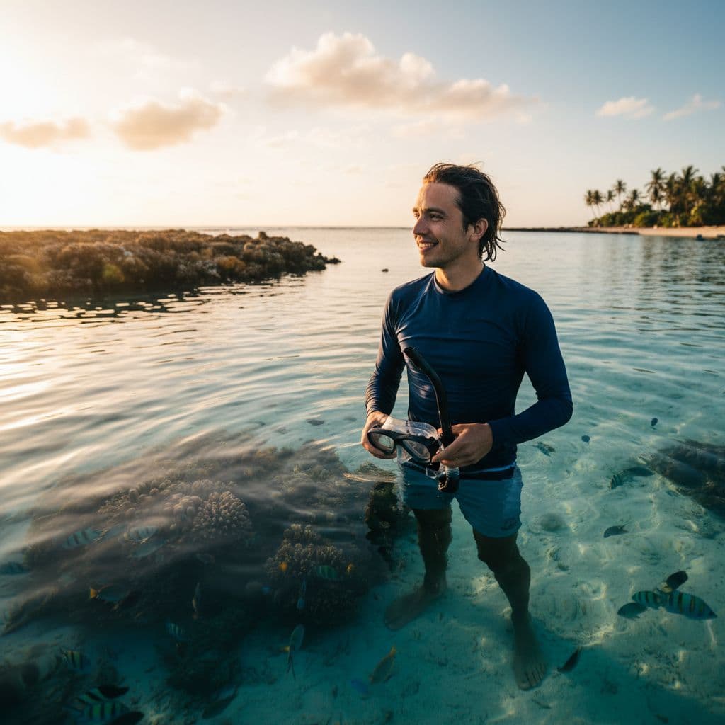 A person stands in shallow, clear tropical water preparing to snorkel near a coral reef.
