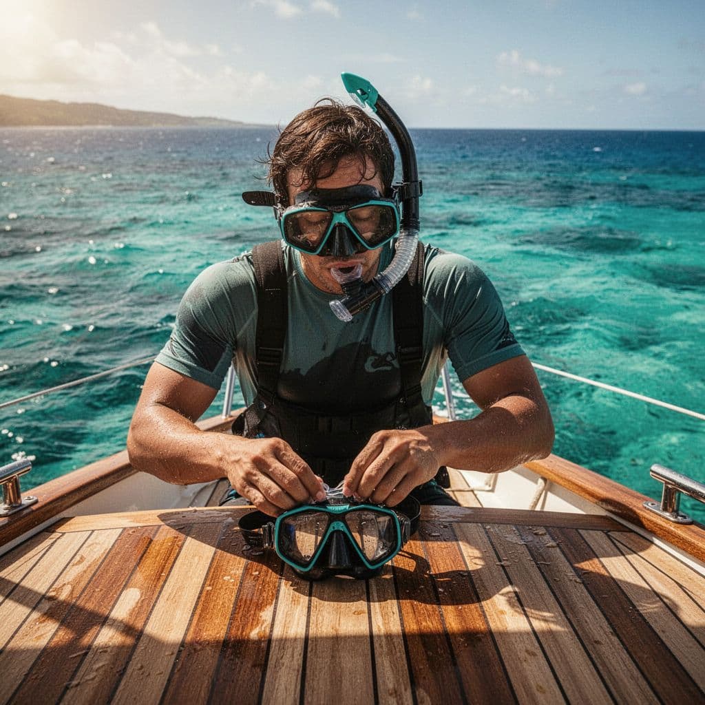 A person organizes snorkeling equipment on a boat deck surrounded by tropical turquoise waters.