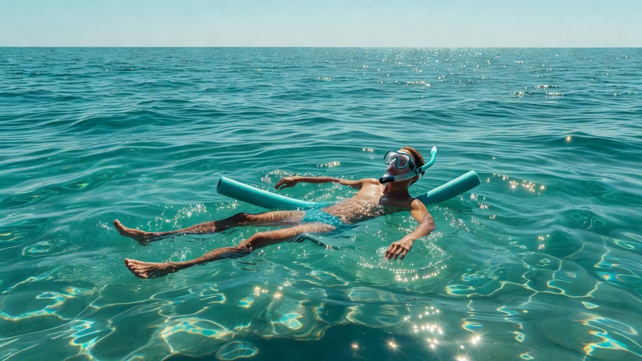 A person wearing a diving mask and snorkel rests on the turquoise ocean surface. They hold a bright yellow flotation noodle while floating horizontally in the clear, sunlit tropical water.