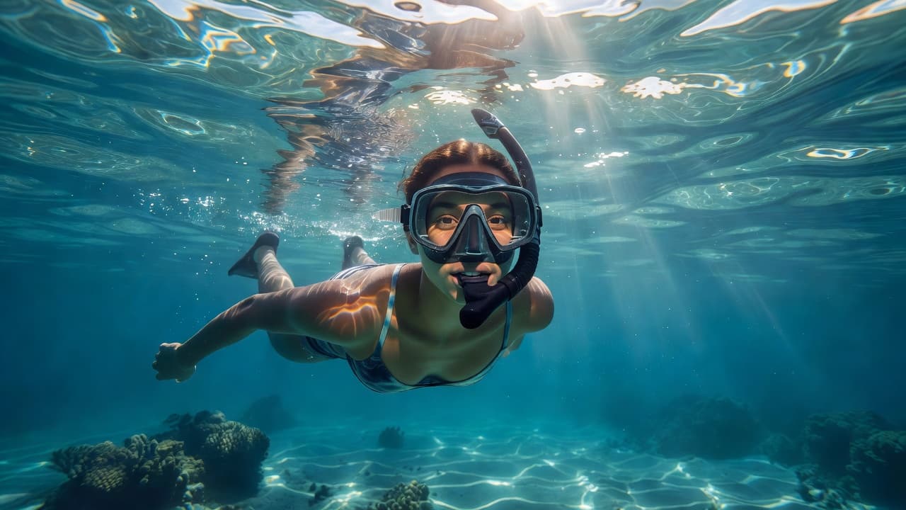 A calm person snorkeling comfortably in bright, clear tropical ocean water.
