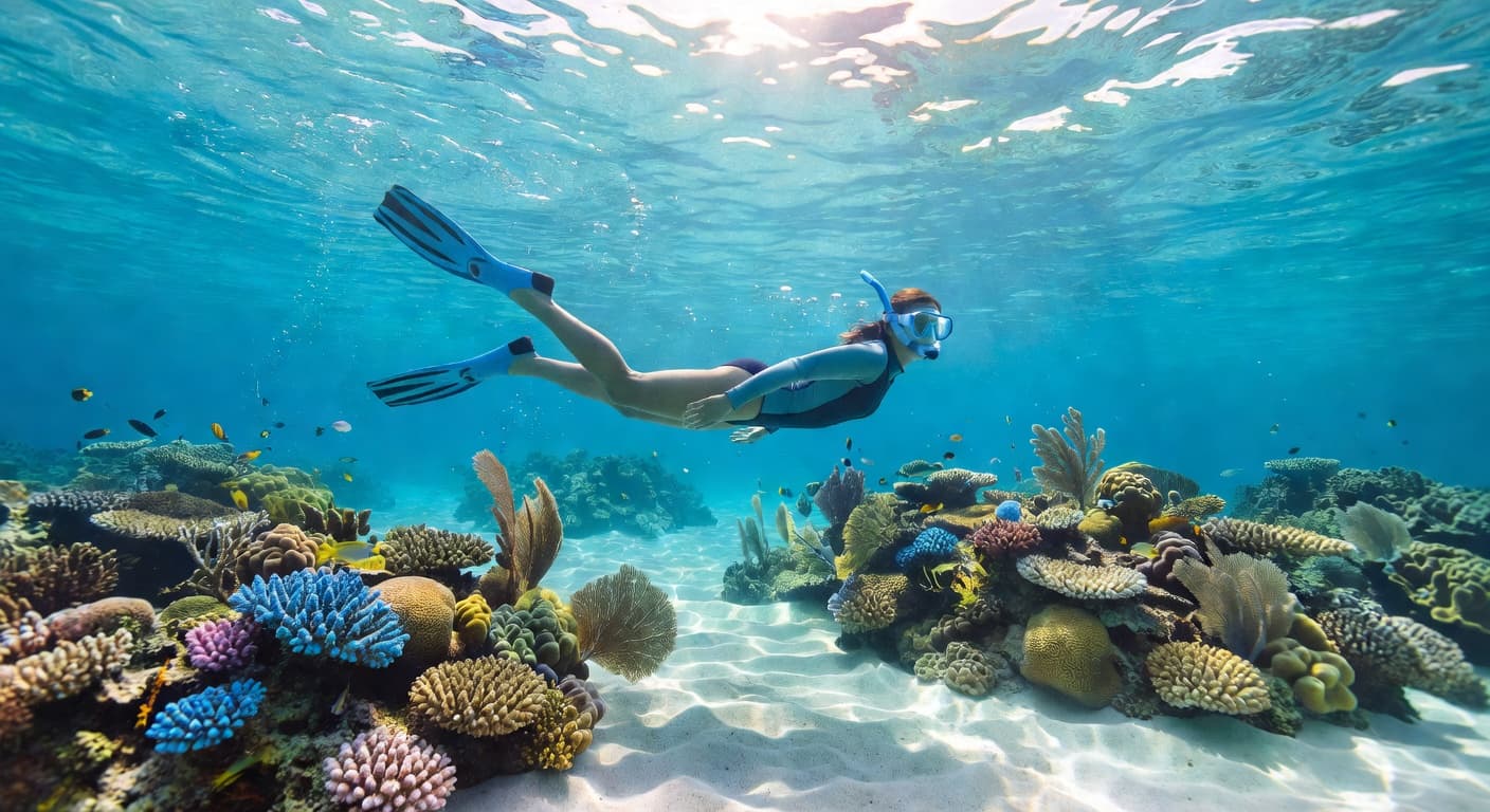 A snorkeler glides through crystal clear turquoise water above a sprawling, vibrant coral reef teeming with aquatic life. The swimmer wears comfortable high-quality fins as brilliant sun rays pierce the surface.