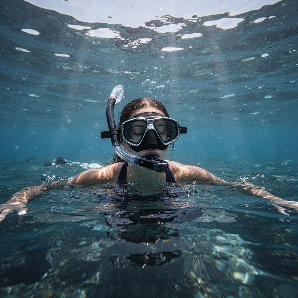 A person floats peacefully in crystal clear ocean water while wearing a snorkel mask.