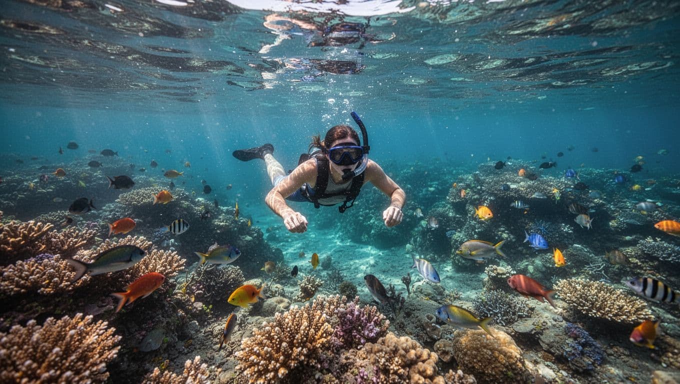 A person snorkels in clear blue water, observing vibrant coral and tropical fish below.