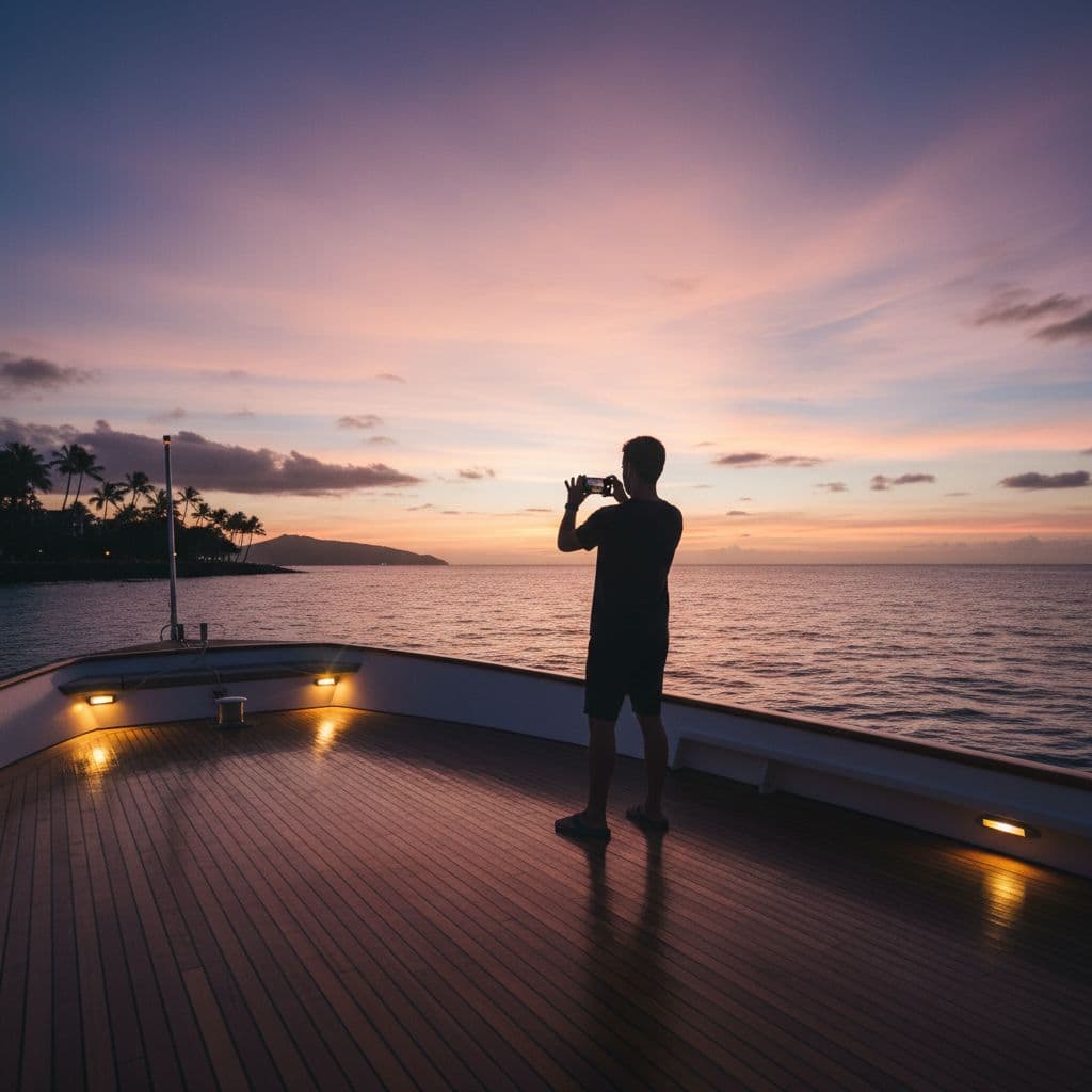 A person uses a smartphone to photograph the horizon from a boat deck during a soft twilight.