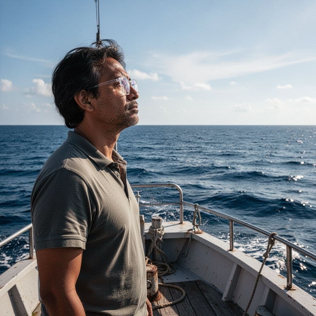 A person wearing glasses stands on a boat deck, gazing toward the distant ocean horizon.