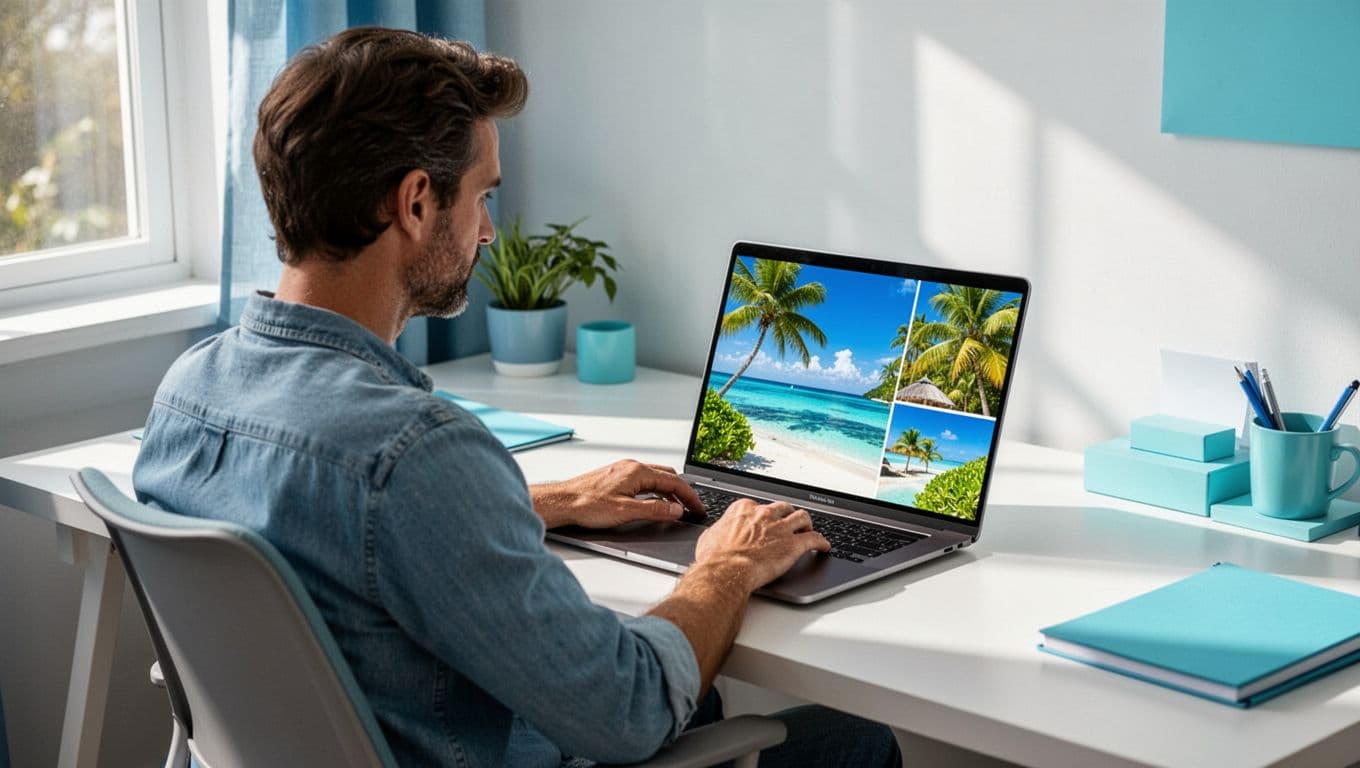 A focused individual sits at a minimalist desk with a glowing laptop screen while researching travel destinations. Sunlight pours through a side window, highlighting blue decor accents and soft geometric shadows.
