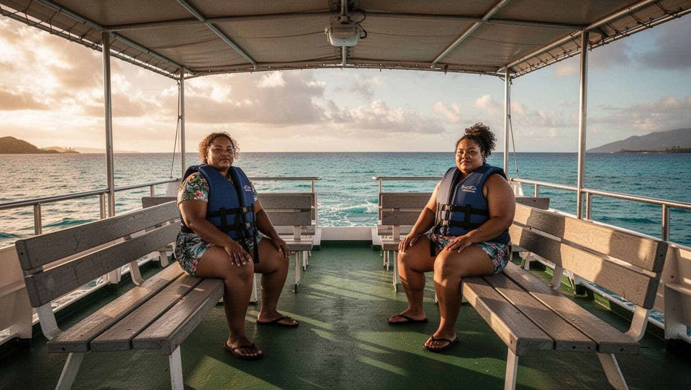 Spacious double-decker boat deck with shaded wide benches for plus-size guests relaxing during Turtle Canyon snorkel tour in calm Hawaiian turquoise waters, golden hour cinematic lighting.