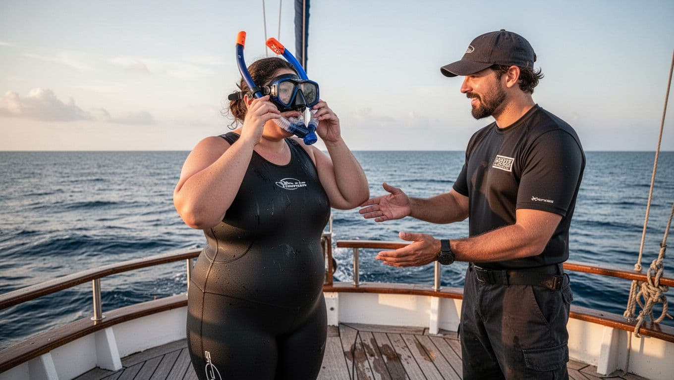 A plus-size snorkeler with mask and snorkel adjusts gear on the boat deck before entering the water, assisted by a supportive crew member against a calm ocean backdrop in cinematic style.