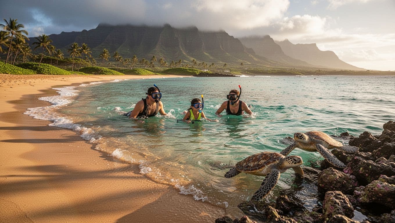 Golden sand beach meets turquoise lagoon with gentle waves, family of three snorkeling near two sea turtles, distant palms and mountains.