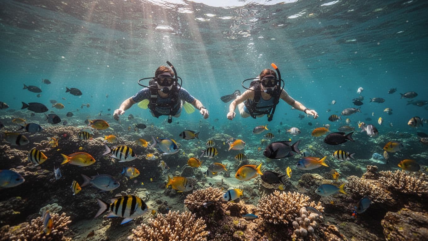 Vibrant underwater scene in calm Pokai Bay, Oahu, with schools of tropical fish around a healthy coral reef, clear turquoise water, sunlight beams, and two distant snorkelers.