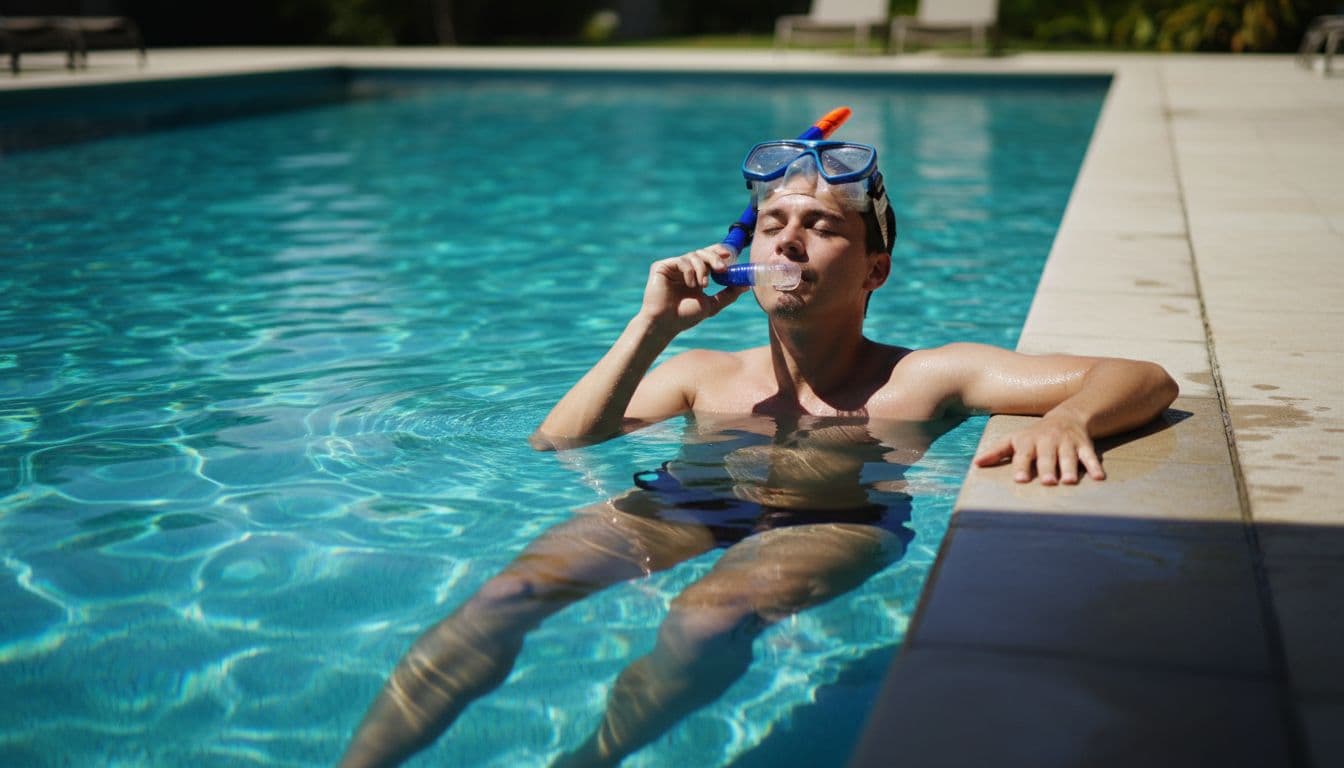 Person sits relaxed poolside with legs in clear blue pool water, breathing through snorkel held loosely, mask on forehead, sunny day.