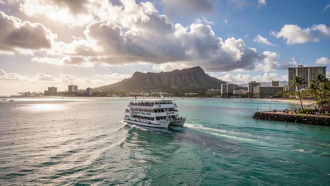 Calm turquoise ocean off Waikiki Beach under clearing skies with sunlight, distant Diamond Head, and double-decker tour boat departing harbor.