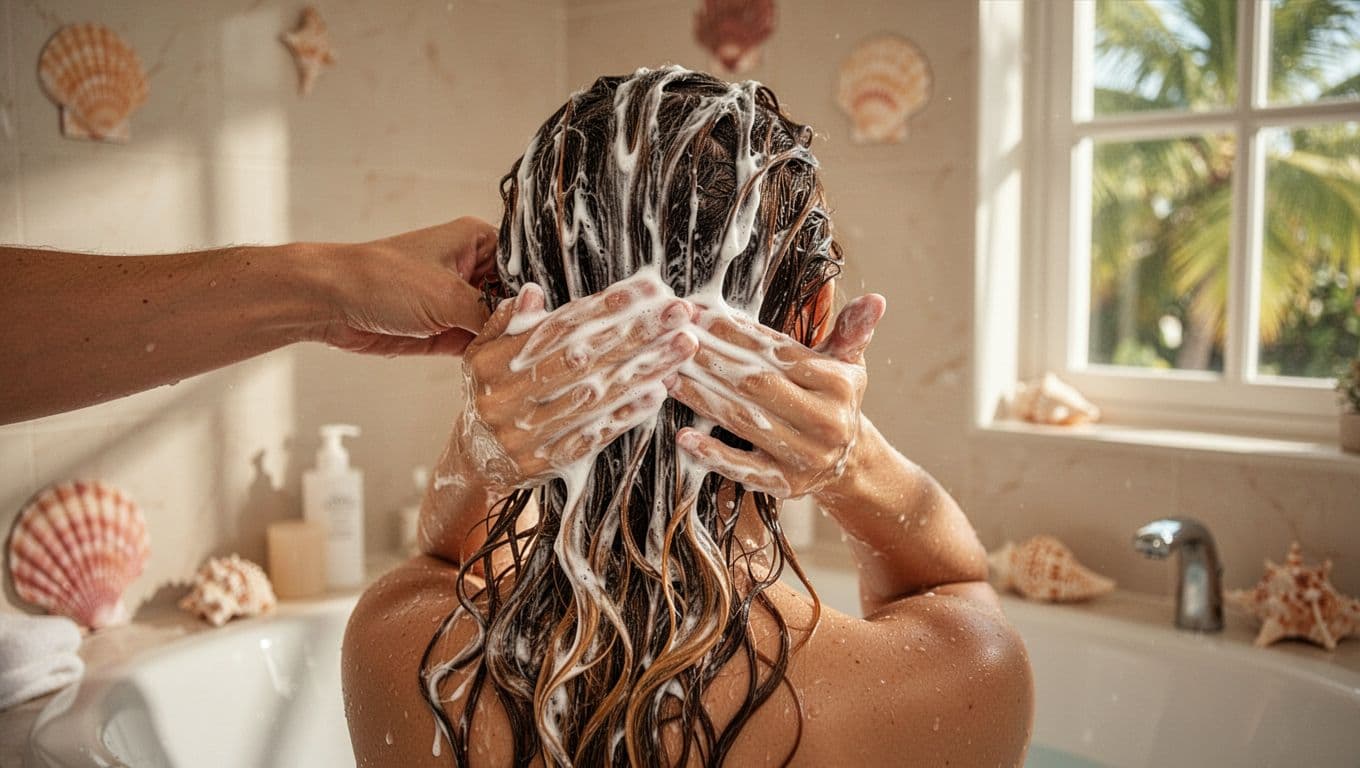 Hands gently apply thick conditioner to wet wavy hair ends in a tropical bathroom with seashell decor and window sunlight.