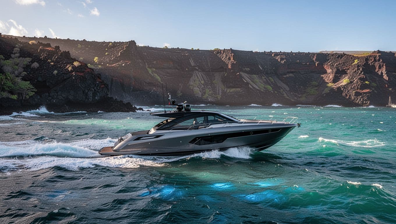 Powerboat leaves sunny Honokohau Harbor toward rugged volcanic cliffs along Kona coast with turquoise waves.