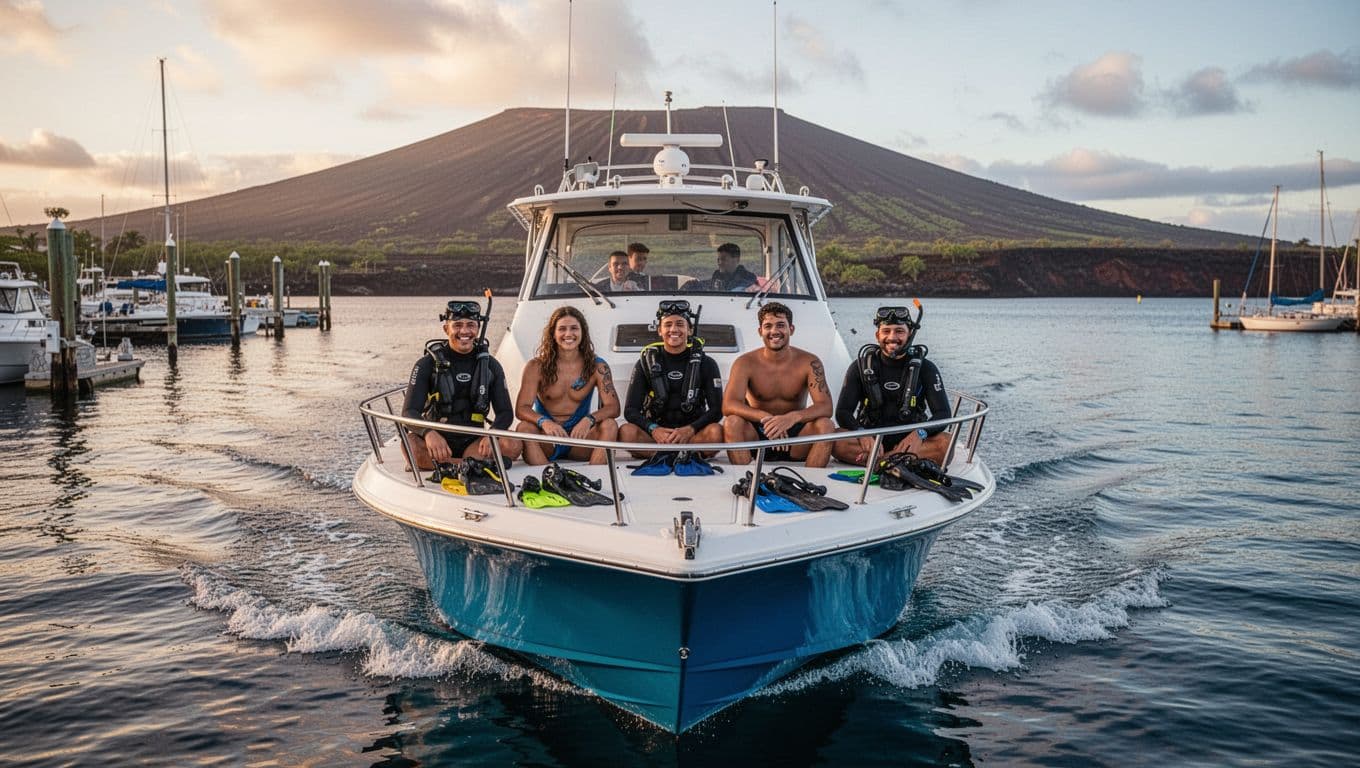 Powerboat leaving Honokohau Marina in Kona, Hawaii, with four excited snorkelers on deck ready for the Captain Cook snorkel tour amid calm morning ocean and volcanic coastline backdrop.