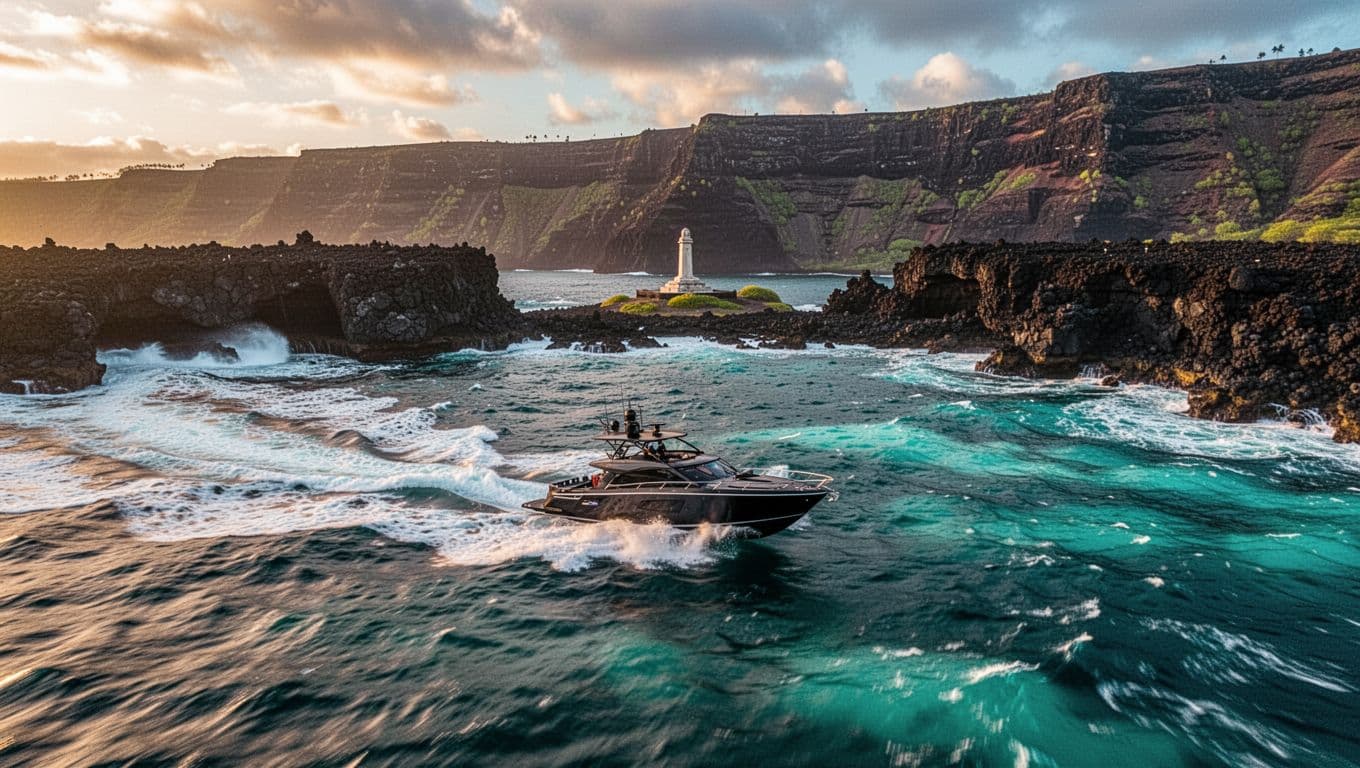 Sleek powerboat cruises along the Kona coast toward Kealakekua Bay amid turquoise waves and dramatic black lava cliffs, with the Captain Cook Monument visible in the distance. Cinematic aerial view features golden hour lighting, motion blur, and strong contrast.