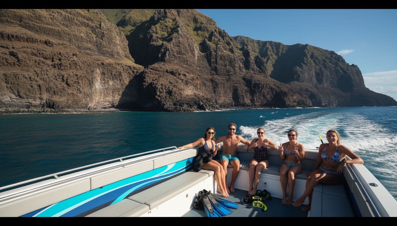 Powerboat carries 4-6 excited snorkelers past volcanic cliffs along Kona coastline to Kealakekua Bay.