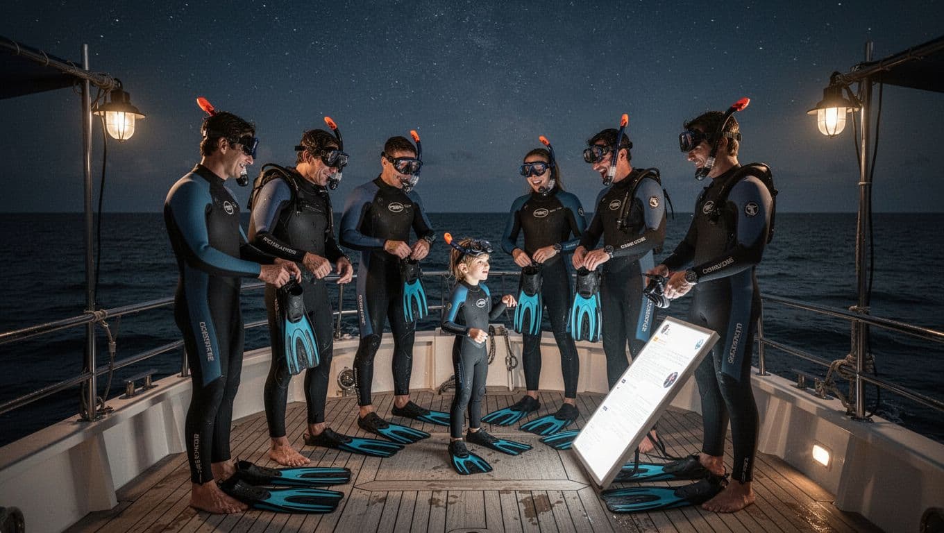 Seven people on boat deck at dusk get snorkel gear fitted by guides under boat lamps.