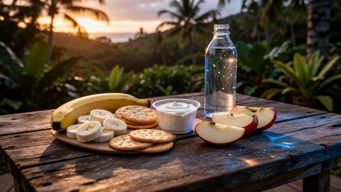 Sliced bananas, crackers, yogurt cup, apple slices, and water on wooden table in tropical Hawaiian outdoor at dusk.