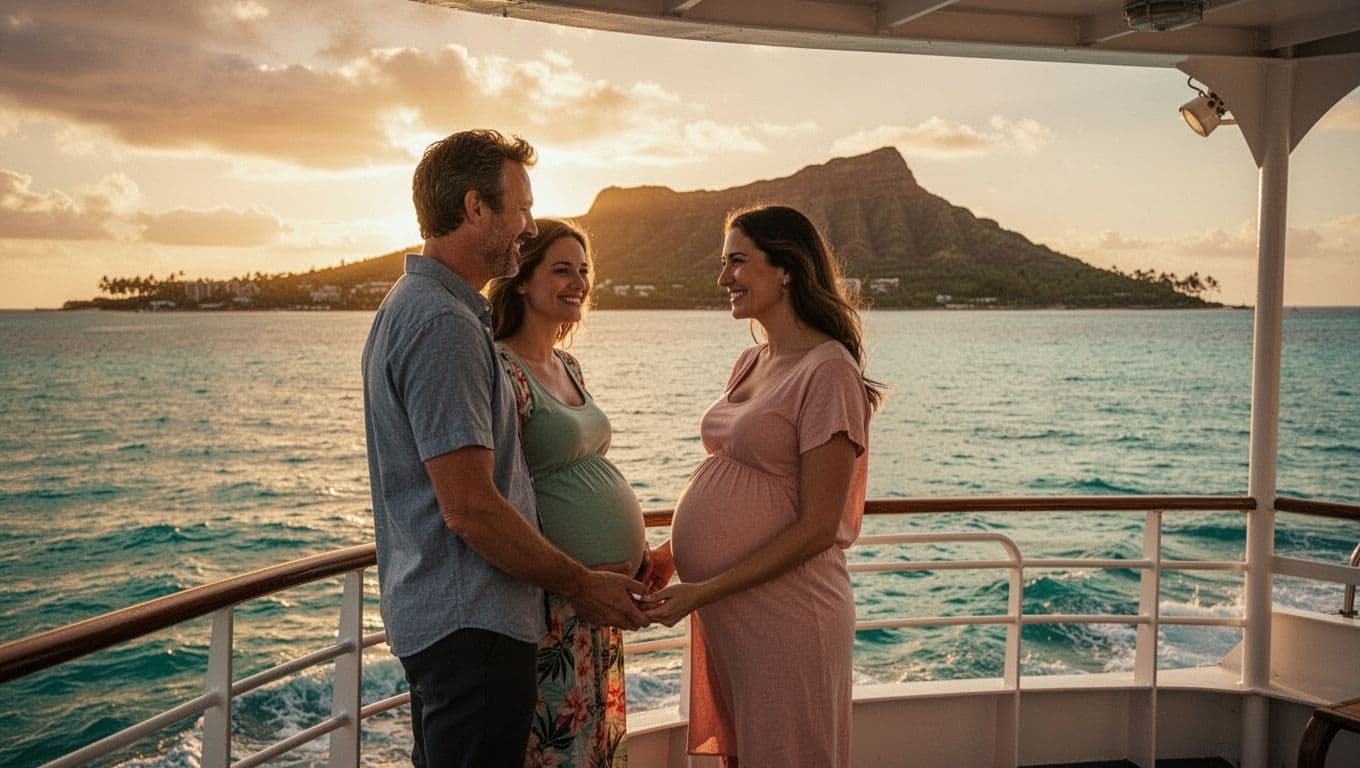 A pregnant couple in their 30s stands close together on the upper deck of a double-decker boat cruising calm turquoise waters off Waikiki, Oahu, at golden hour sunset with Diamond Head in the background.