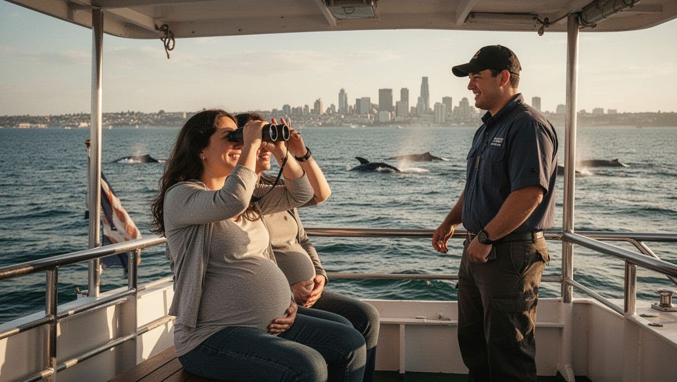 A smiling pregnant woman relaxes in a comfortable position on the shaded upper deck of a stable tour boat, using binoculars to watch distant whales, with a supportive crew member nearby and the Waikiki skyline in the background.