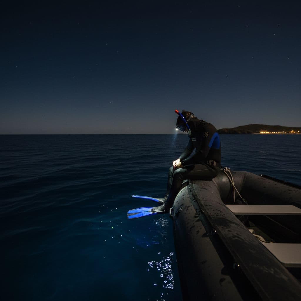 A person wearing a wetsuit sits on a boat edge preparing to enter the dark ocean at night.