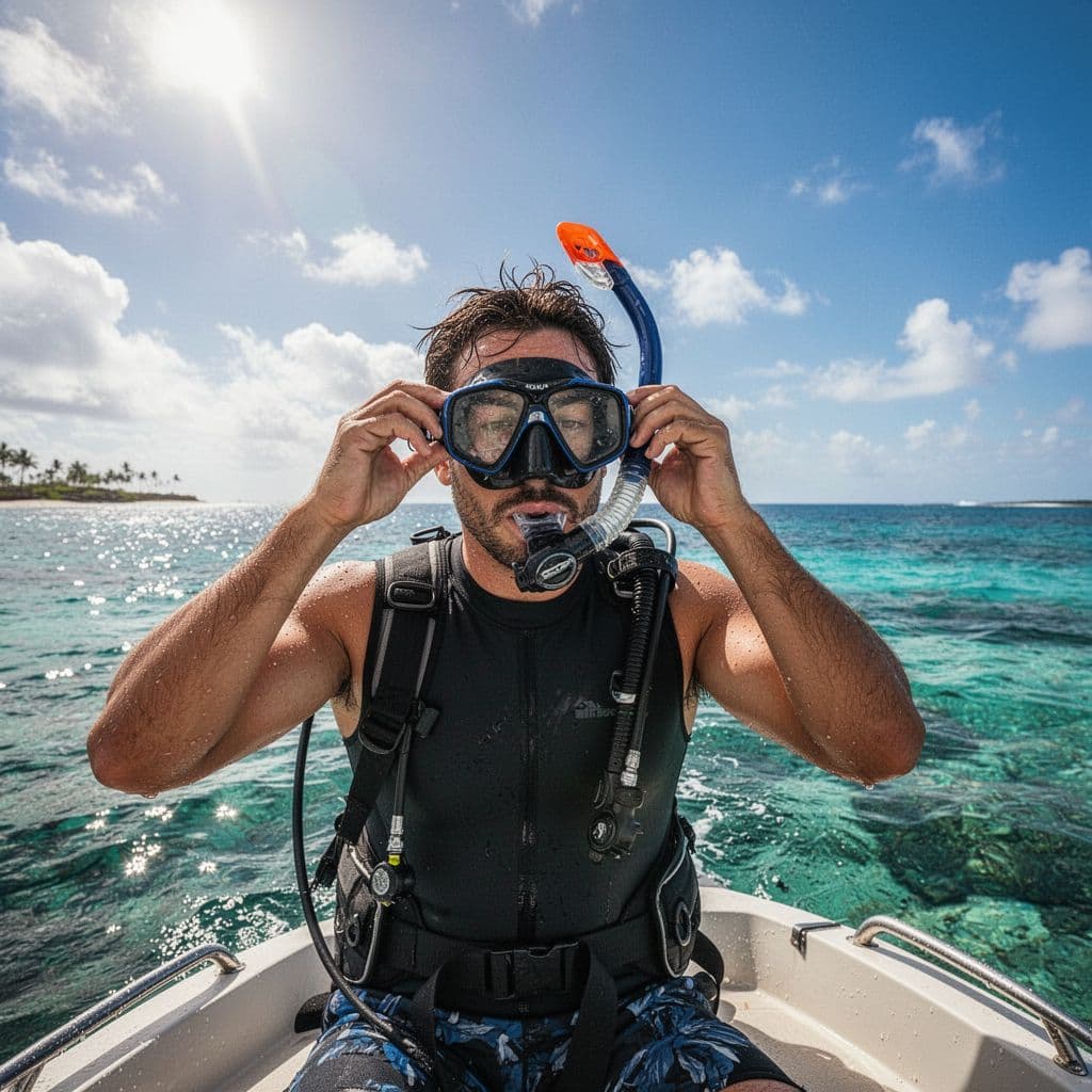 A person holds a snorkel mask while standing on a boat deck against the ocean.