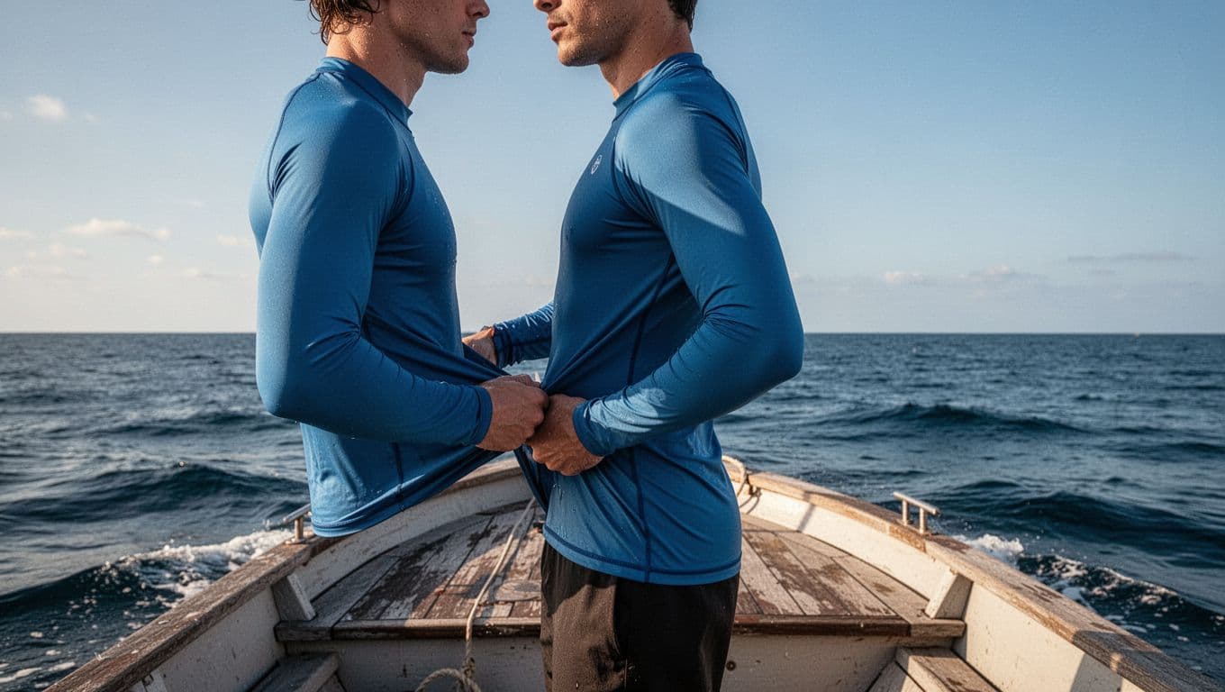A person pulls on a blue long-sleeved rash guard while standing on a boat deck. The vast open ocean stretches behind them under a bright, clear blue sky during the day.